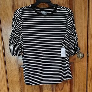 Time & Tru Black and White Striped Puff/Rusched Sleeve Top NWT XL (16-18)